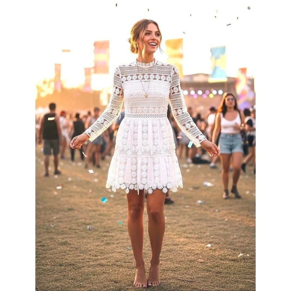 Vintage Crochet Lace Mini Dress Womens Festival Fairy White Boho Floral Cosplay